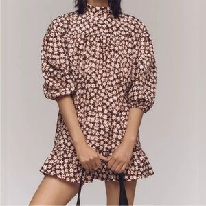 Anthropologie Mock-Neck Swing Mini Dress in a brown and black star print XS